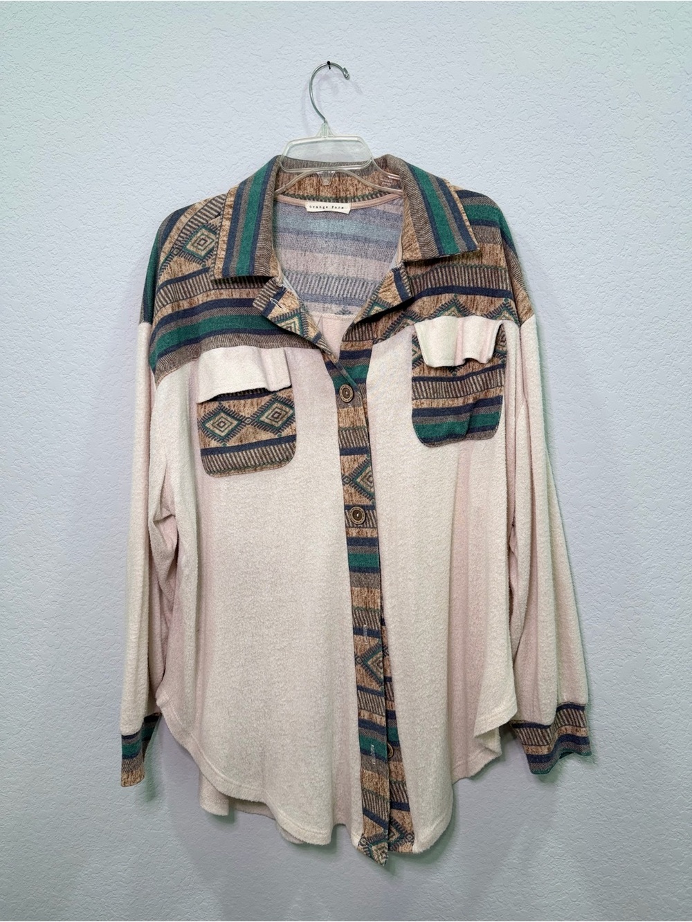 Boho Button-Up Shirt with Teal & Beige Tribal Trim